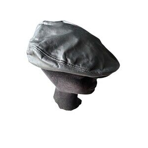 Vtg Black Leather United hatters cap millinery cabbie newsboy Hat Retro Mens L